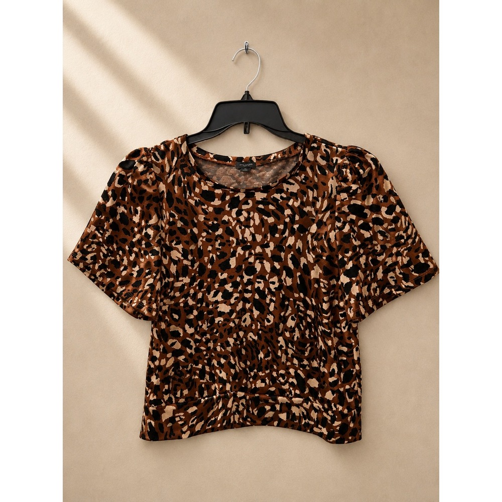 Ann Taylor Factory Women Top L Brown Leopard Puff Sleeve Knit Animal Print